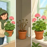 Illustration av pelargoner i tre övervintringssteg: inhämtning, svalt förvar och våruppvakning i fönster.