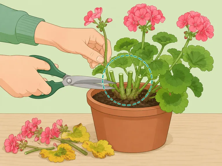 Händer som klipper tillbaka en pelargon till korta stjälkar inför övervintring.