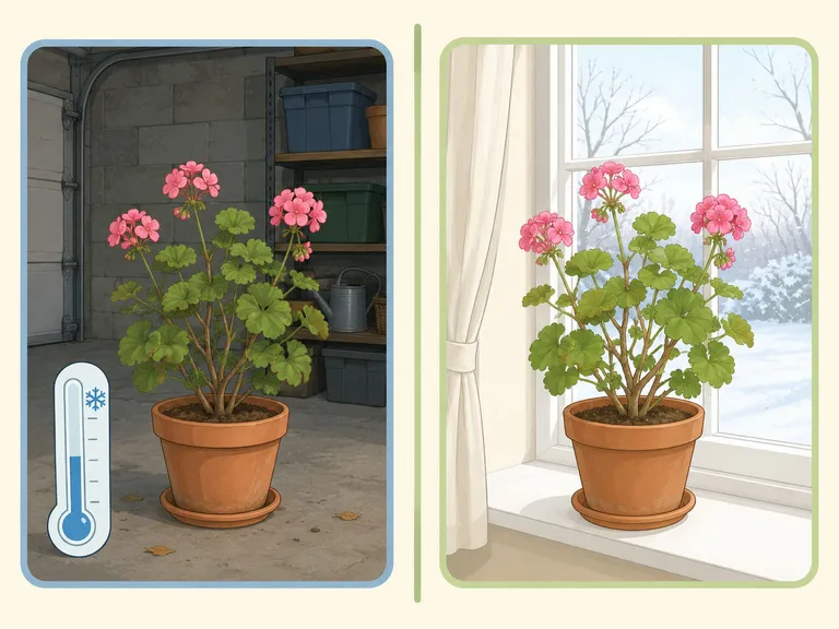 Illustration av två förvaringsmetoder: mörkt och svalt i garage eller ljust och svalt vid fönster.