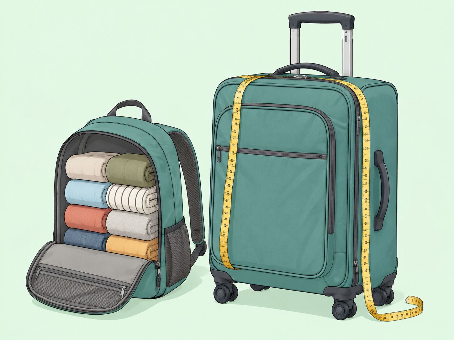 Illustration av ett litet handbagage och en kabinväska med kläder packade inför en Ryanair-resa.