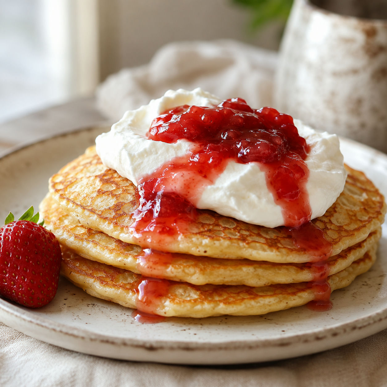 Stapel tunna svenska pannkakor med vispgrädde och jordgubbssylt på vit tallrik