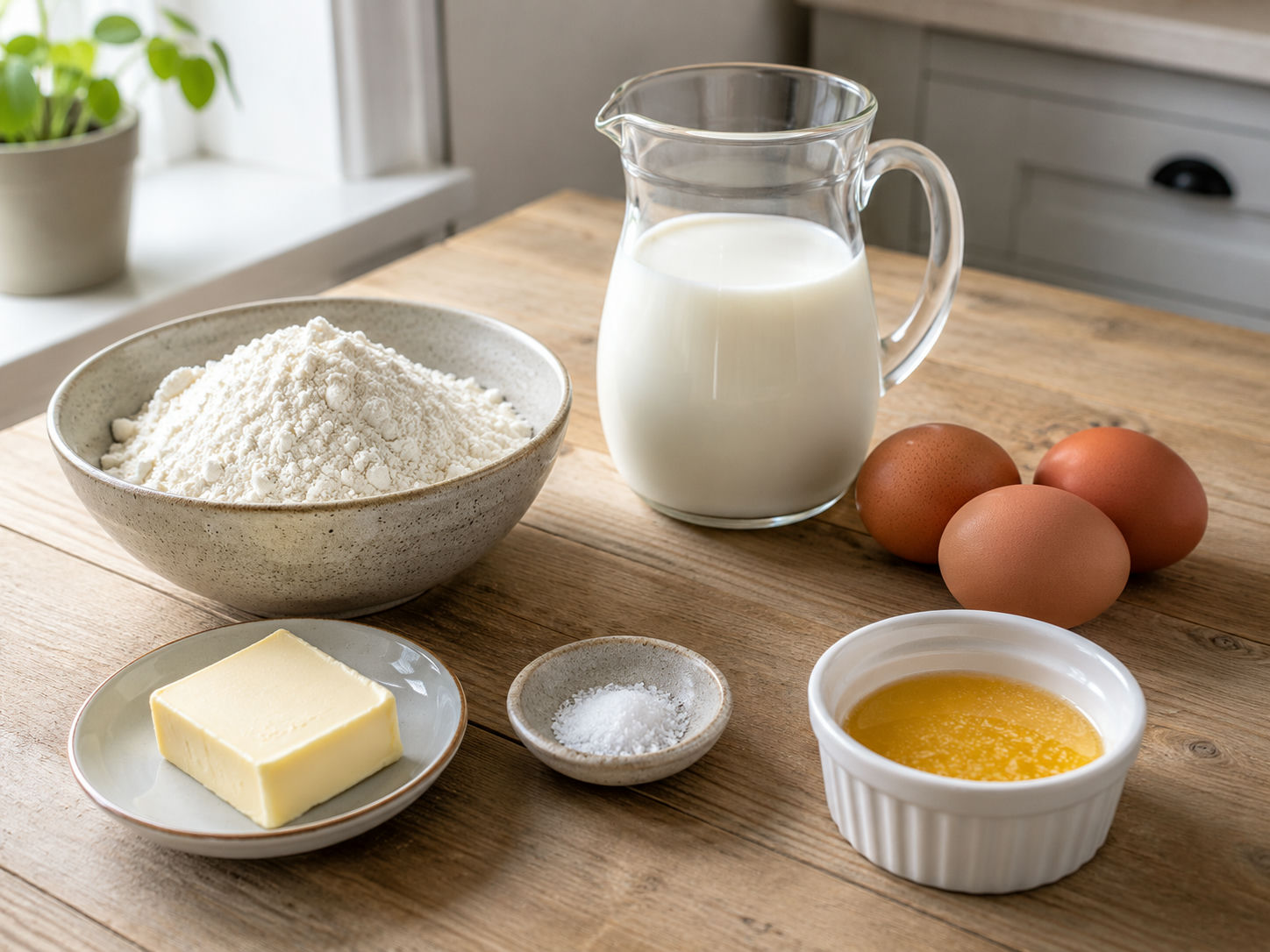 Råvaror till pannkakor: vetemjöl, mjölk, ägg och smör på träbord