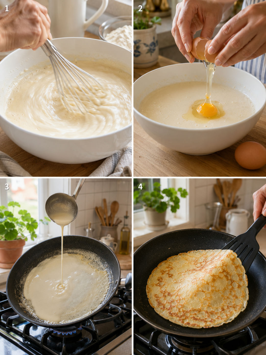 Fyra steg för pannkakor: vispa smet, tillsätt ägg, häll i pannan, vänd pannkakan