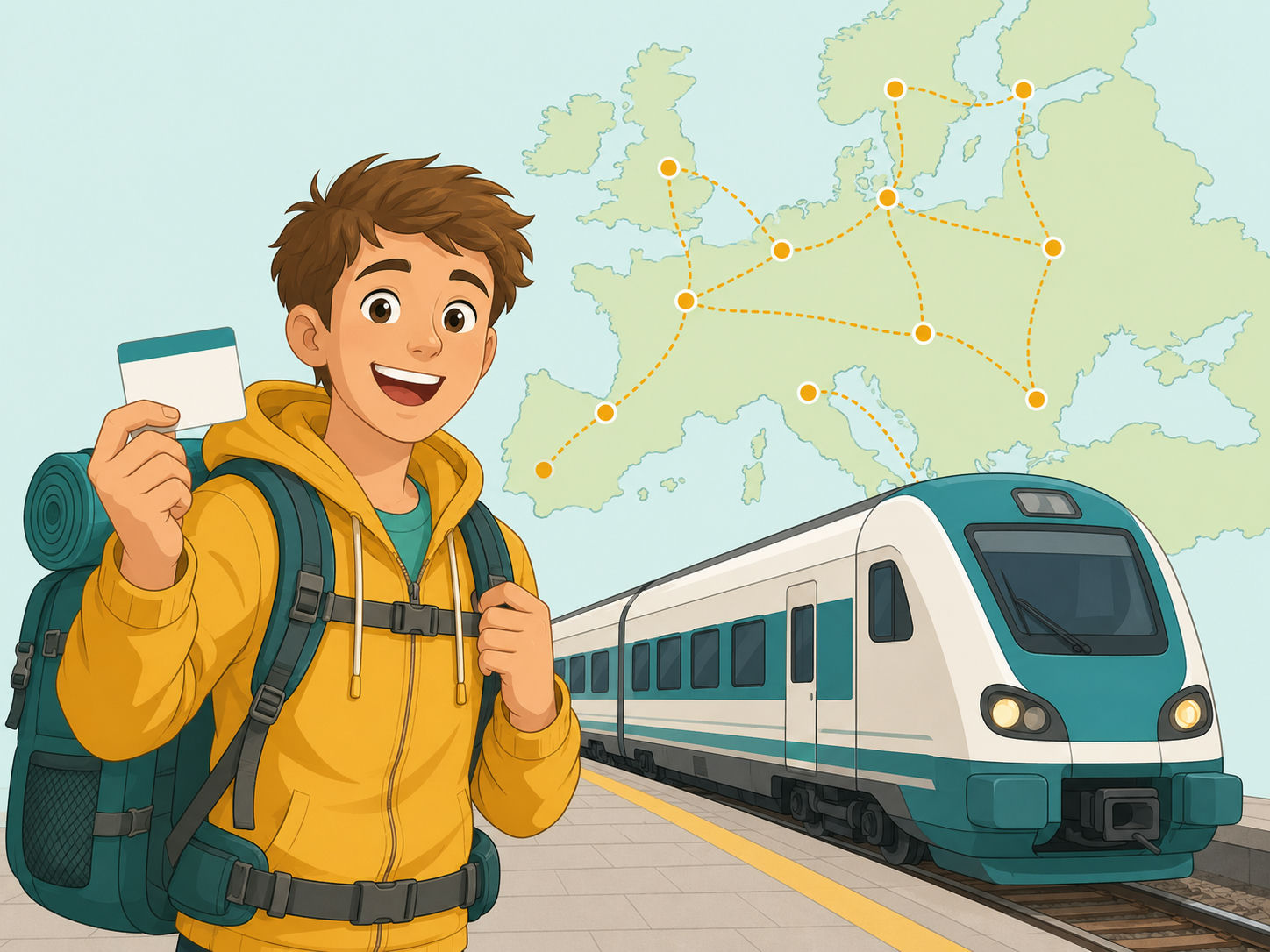 Illustration av en ung resenär med ryggsäck som håller ett interrail-pass framför ett europeiskt tåg med en karta i bakgrunden.