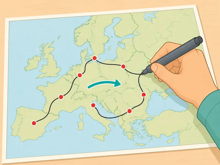Hand ritar en interrailrutt på en förenklad karta över Europa med markerade städer.
