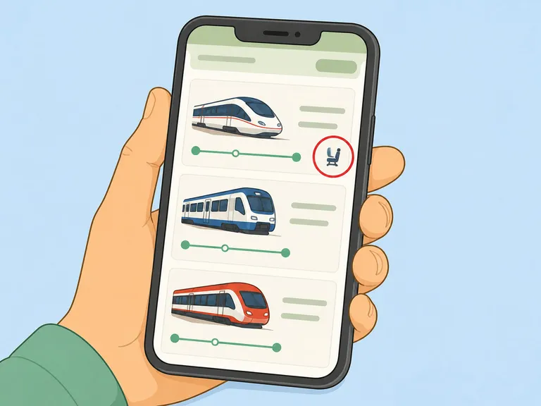 Mobiltelefon visar tågapp med markering för obligatorisk platsreservation vid snabbtåg.