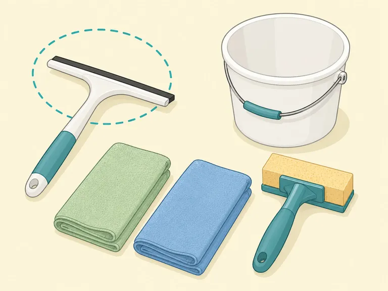 Illustration av rätt verktyg för fönsterputsning: fönsterskrapa med gummiblend, mikrofiberdukar, applicator och hink.