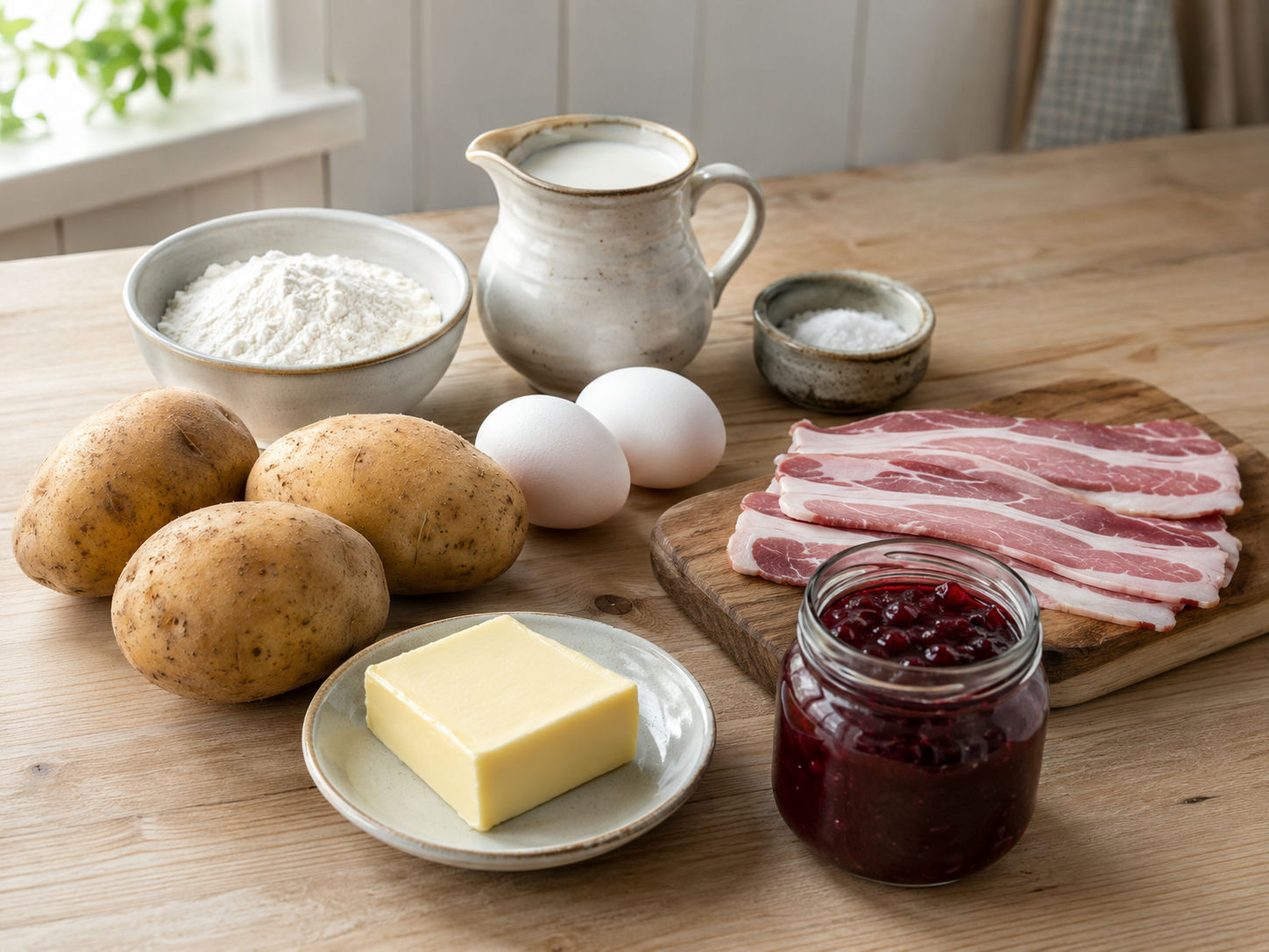 Råa ingredienser för raggmunk och stekt fläsk på träbord