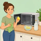 Illustration av en leende kvinna som gör sig redo att rengöra en öppen mikrovågsugn med citron och ättika på en köksbänk.