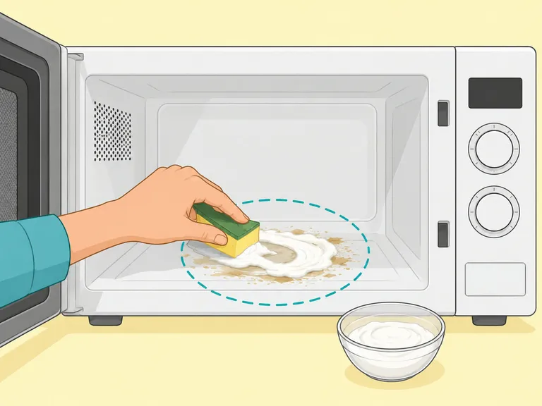 Bakpulverpasta stryks på en envis fläck inuti mikrovågsugnen med en svamp.