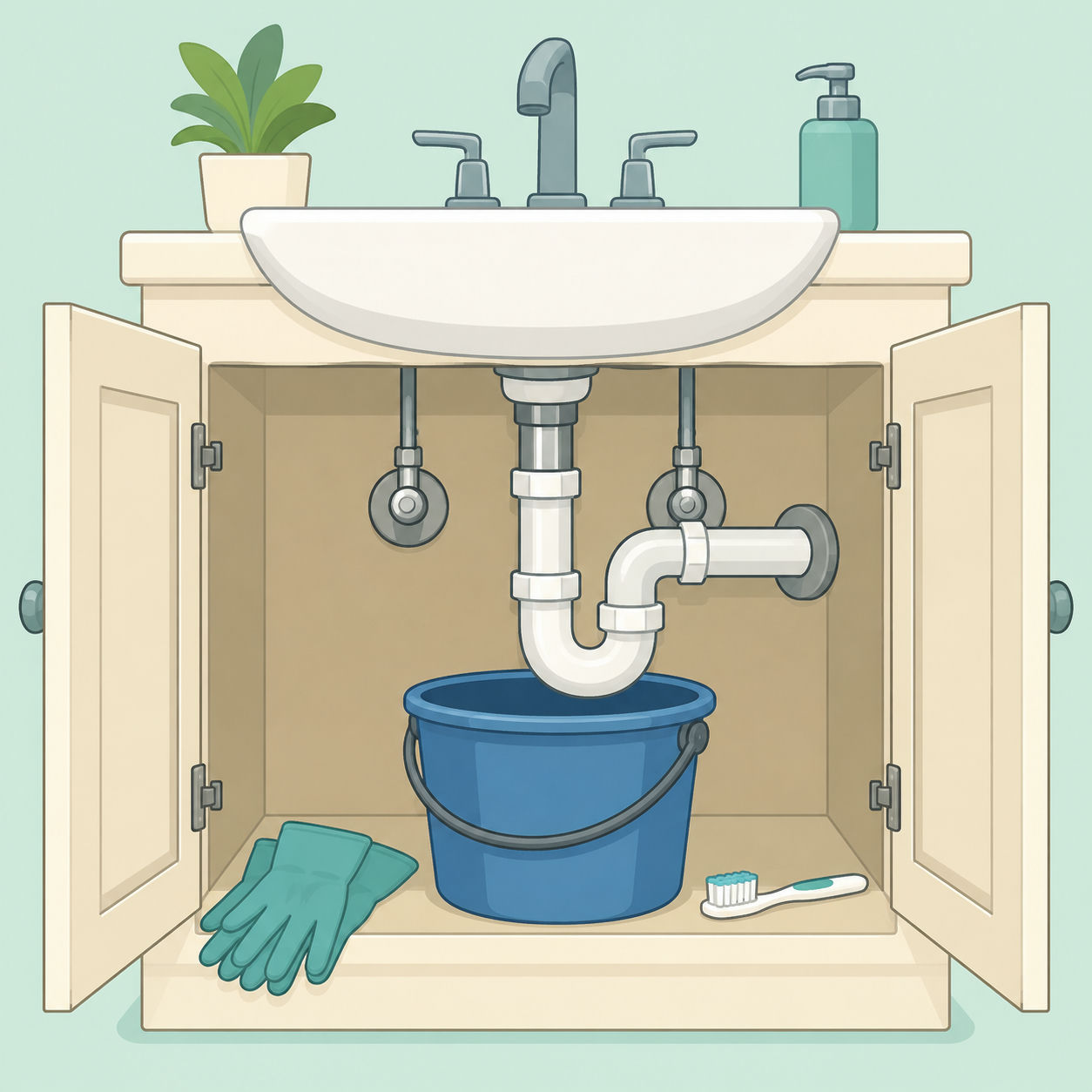 Illustration av öppet underskåp under ett handfat med vattenlåsrör, hink och rengöringsverktyg.