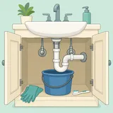 Illustration av öppet underskåp under ett handfat med vattenlåsrör, hink och rengöringsverktyg.