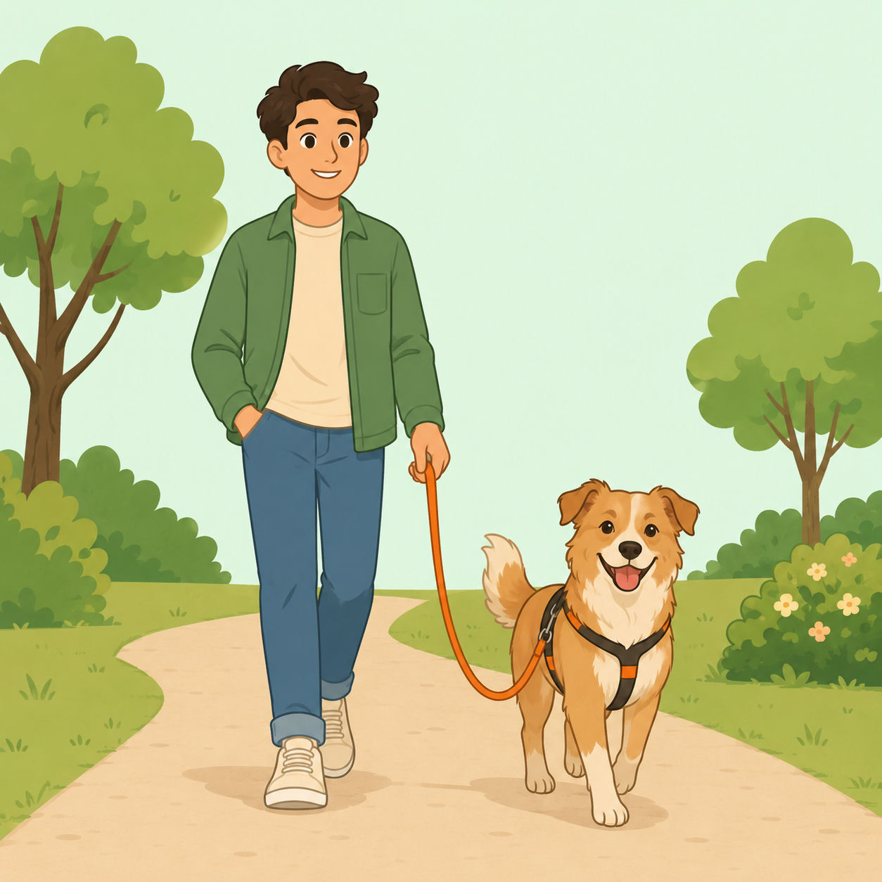 Person som promenerar med sin hund i ett löst koppel i en park