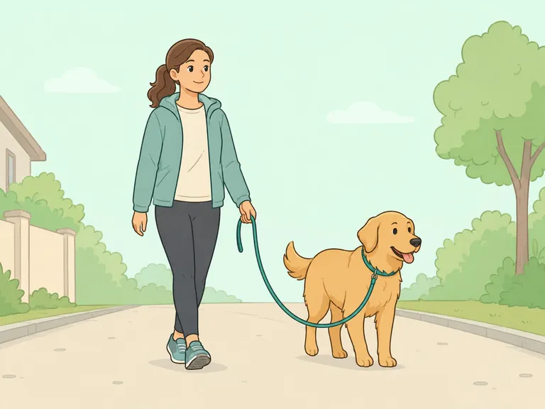 Person och hund på de första utomhuspromenaderna på en lugn gata