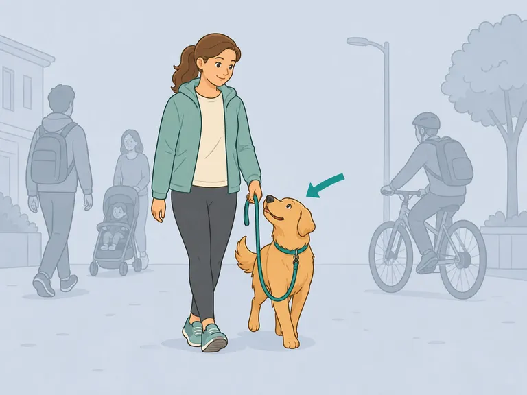 Hund och ägare övar koppelgång i en miljö med fler distraktioner medan hunden håller fokus på ägaren