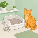 Illustration av en ren kattlåda med en kattlådsskopa och en nöjd katt bredvid.