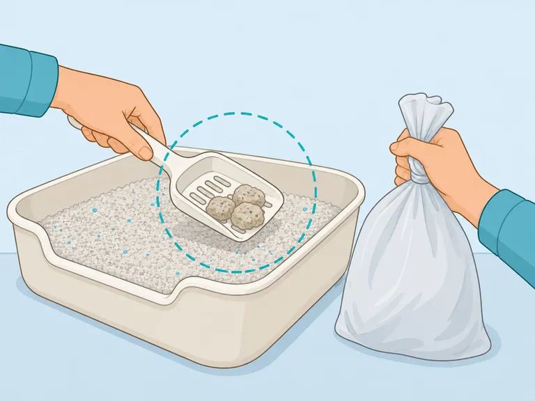 Hand som håller en kattlådsskopa och skopa upp klumpar ur kattlådan i en plastpåse.