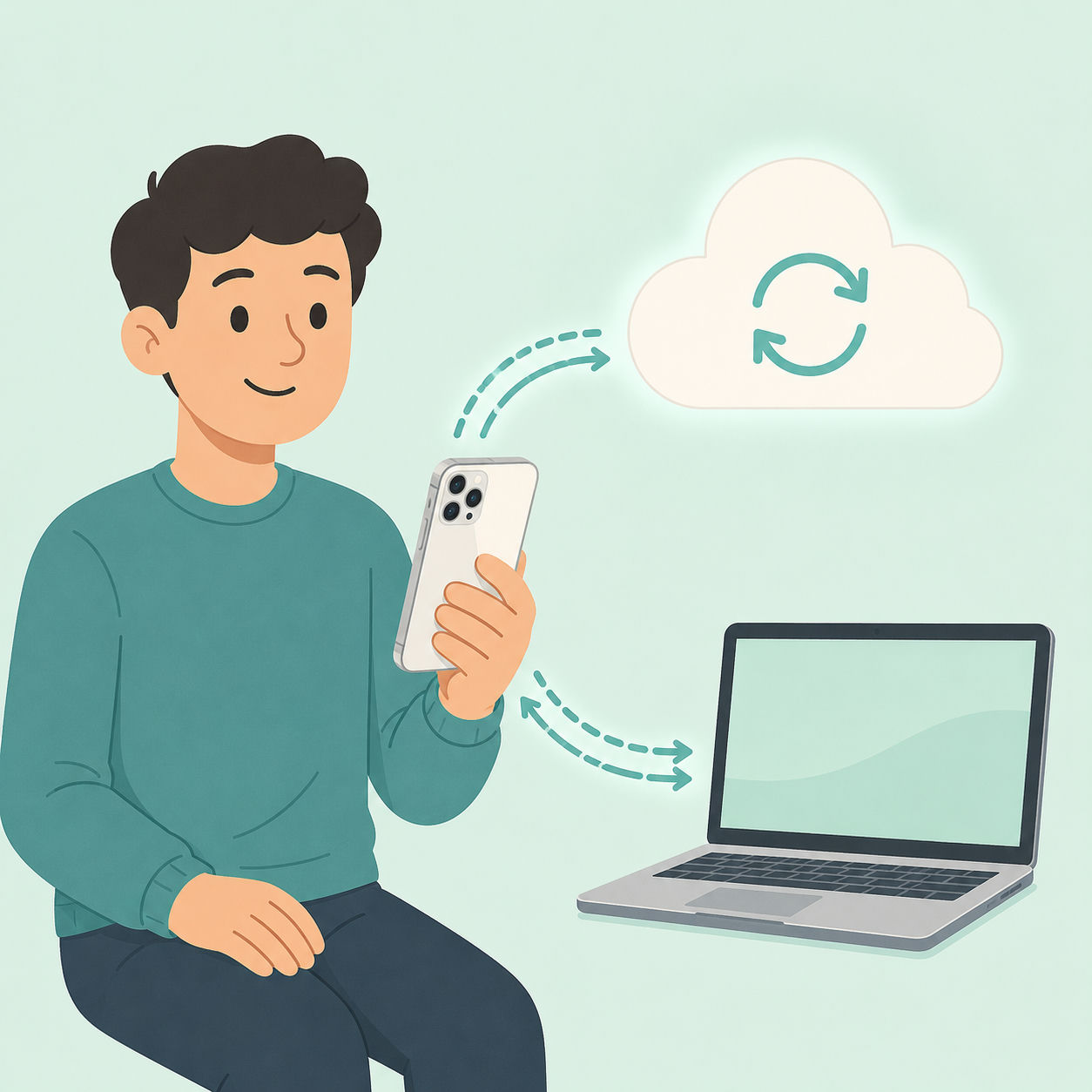Illustration av en person som säkerhetskopierar sin iPhone till iCloud och till en dator.