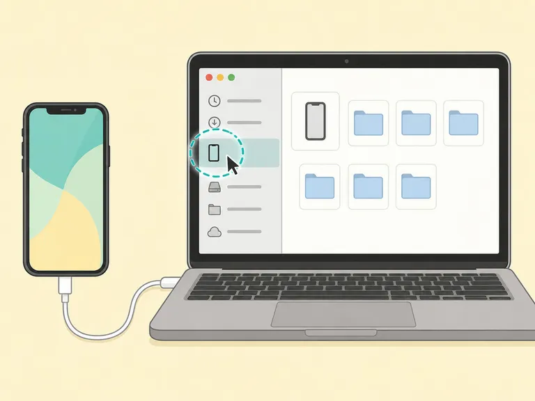 iPhone ansluten med kabel till en Mac med Finder öppet och telefon markerad i sidofältet.