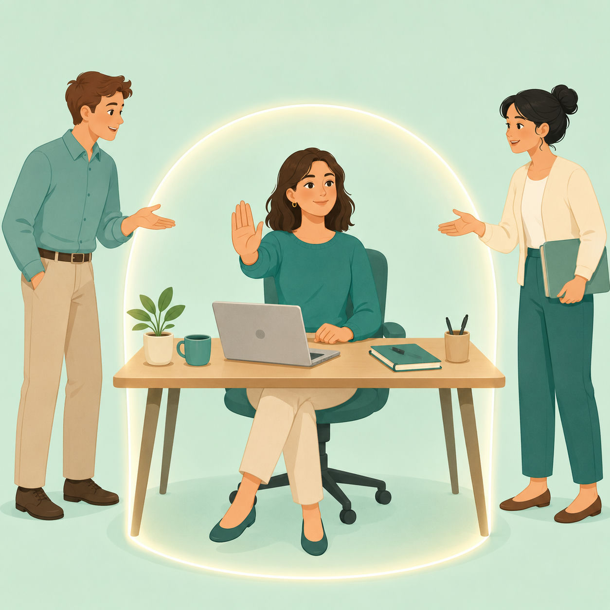 Illustration av en person på jobbet som lugnt sätter upp en gräns gentemot kollegor.