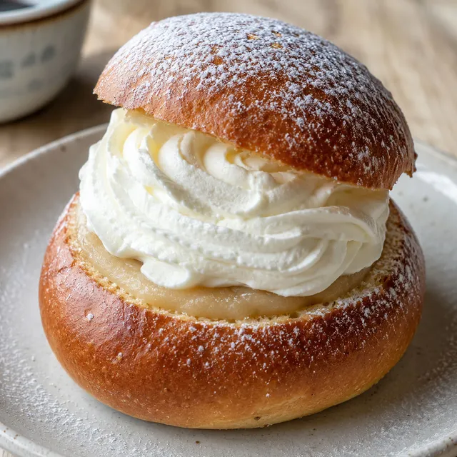 Klassisk semla med mandelmassa och vispgrädde på keramiktallrik