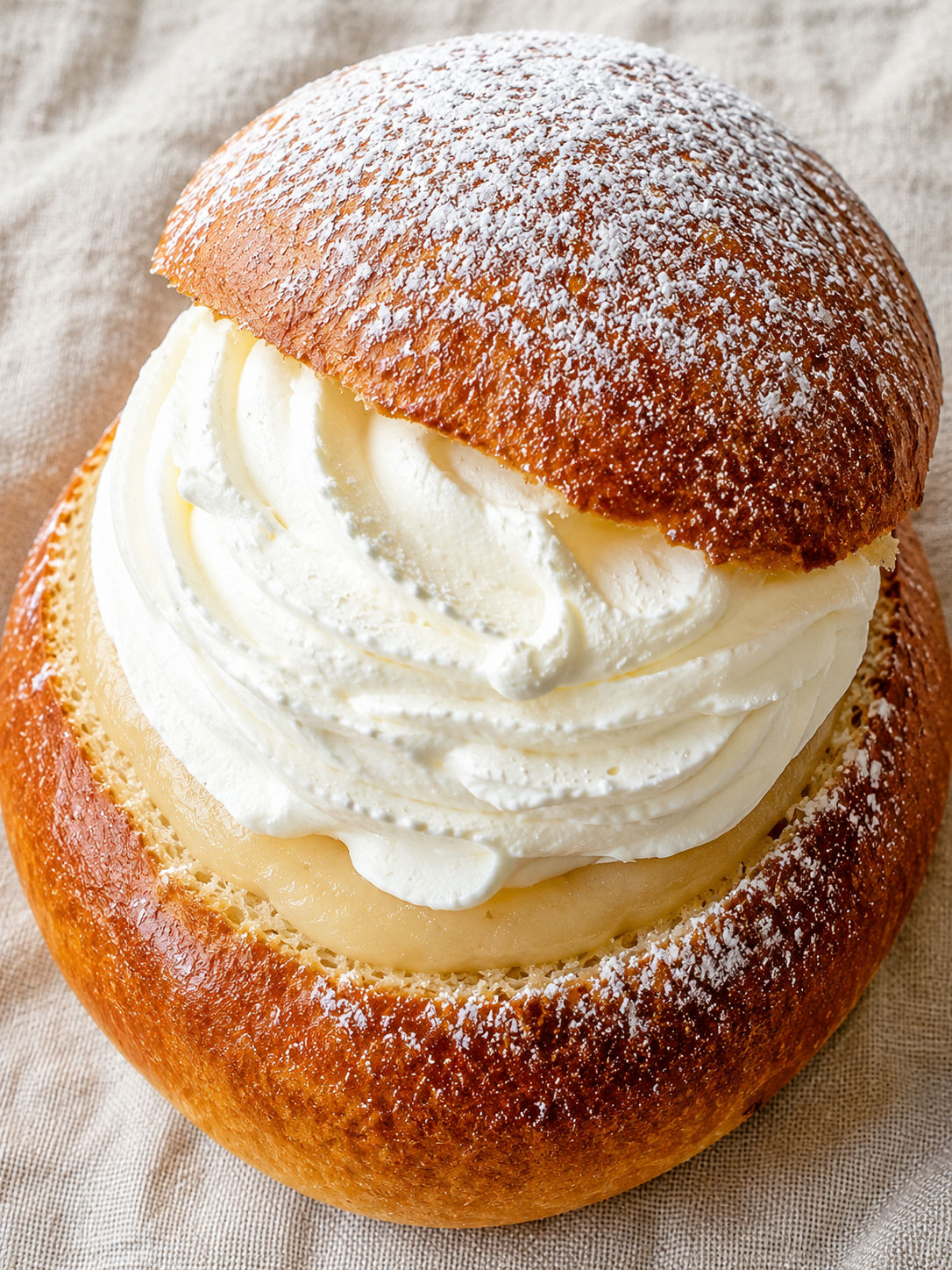 Semla med mandelmassa och vispgrädde fotograferad uppifrån