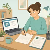 Person som skriver ett personligt brev vid ett skrivbord med en laptop och ett CV bredvid sig.