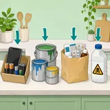 Illustration av sorterade behållare för farligt avfall hemma, elektronik, färg, läkemedel och kemikalier uppdelade på ett bord.