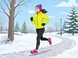 Illustrerad löpare i vinterkläder springer på en snöig stig.