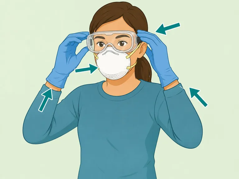 Person som tar på sig N95-mask, gummihandskar och skyddsglasögon inför mögelrengöring.