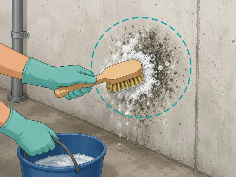 Händer med handskar som skrubbar en betongsatt vägg med tvål och en hård borste.