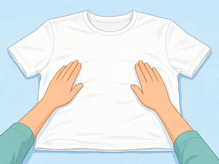 Händer plattar ut en t-shirt med framsidan uppåt på ett plant underlag