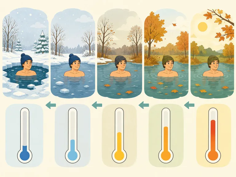 Illustration av gradvis acclimatisering till kallare badtemperaturer över veckor.