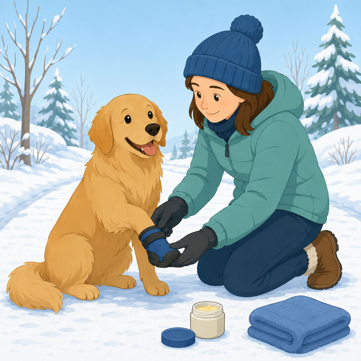 Illustration av en hund som får hundbootar på tassarna inför en vinterpromenad, med tassvax och handduk i närheten.