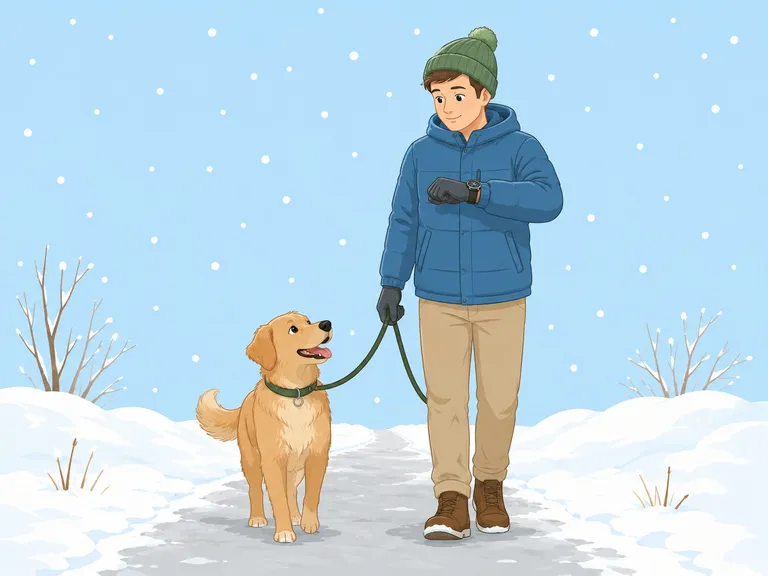 Hundägare och hund på en kort vinterpromenad i snöfall, ägaren kontrollerar klockan.
