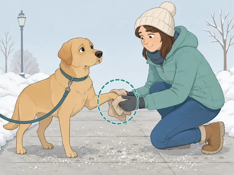 En hund lyfter en tass på en snöig trottoar medan ägaren torkar av den med en torr duk.