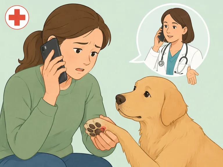 En person håller varsamt i hundens skadade tass och ringer veterinären för rådgivning.